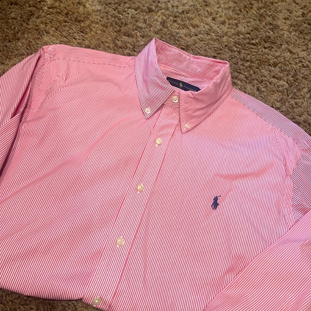 NWOT Men’s crisp Ralph Lauren red-white stripe poplin dress shirt